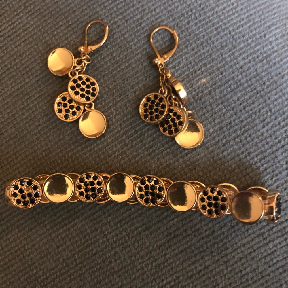 Gold and black earrings and bracelet